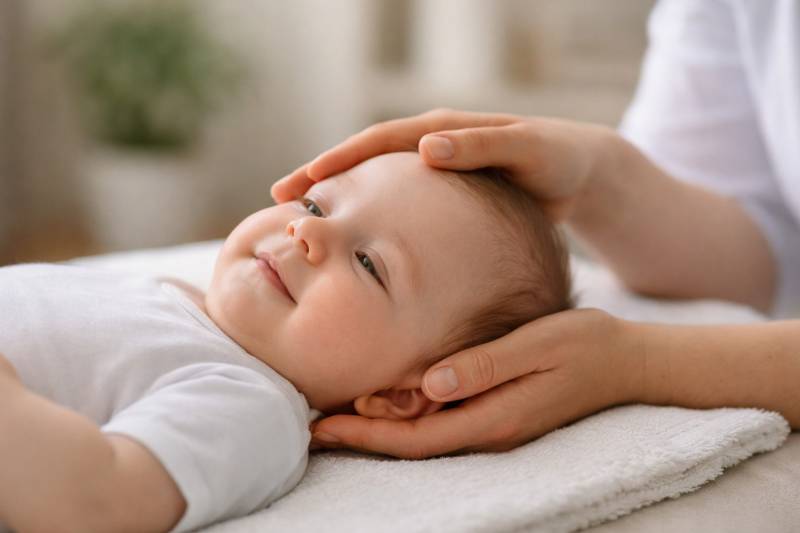 Bébé lors d une consultation ostéopathique douce ostéopathie pEdiatrique a Ambares et Lagrave et la sauve